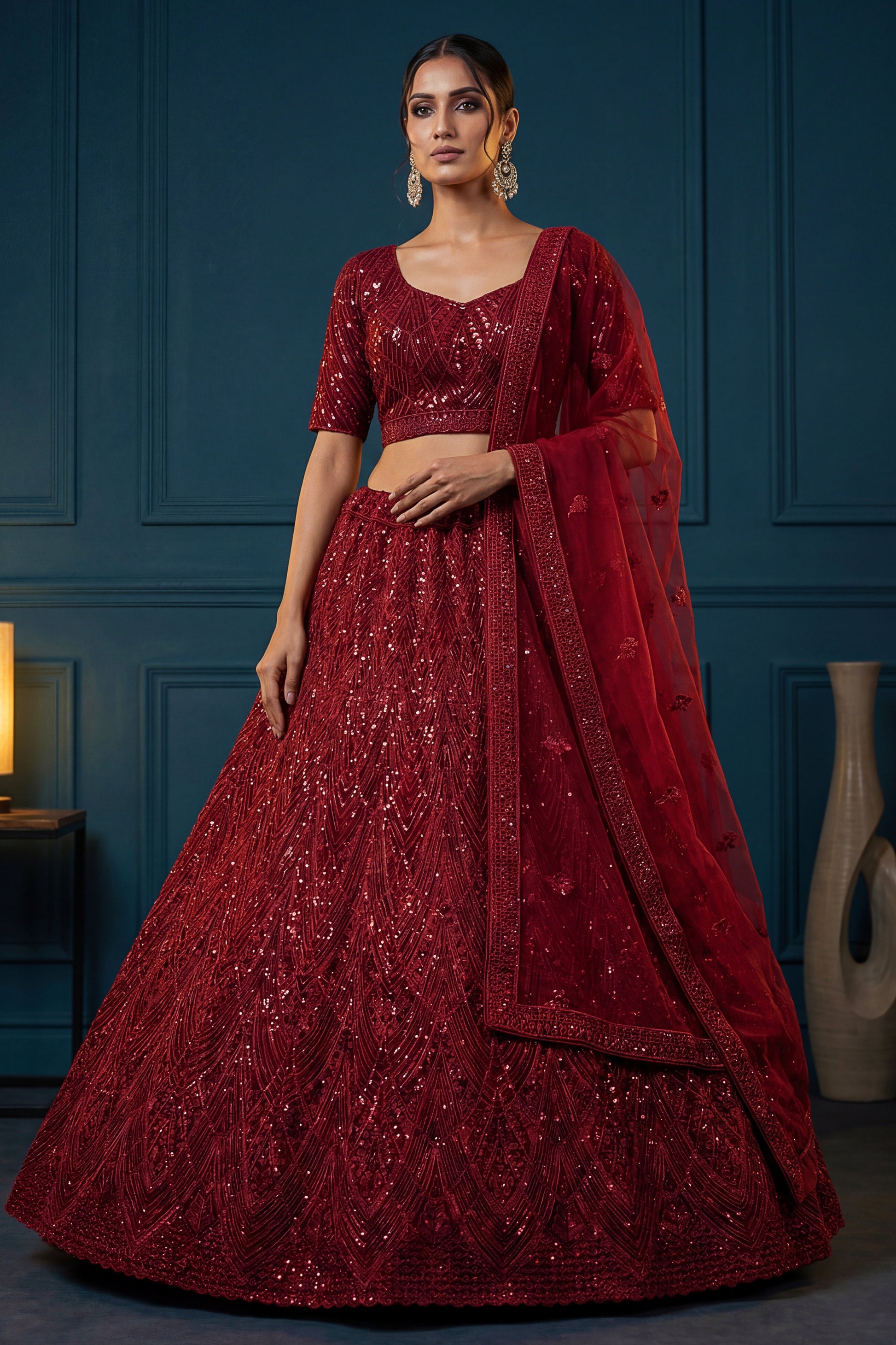 Designer Red Embroidered Net Lehenga Choli with Dupatta