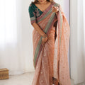 Peach Organza Saree Embroidered Border Sequin Work Party Wear