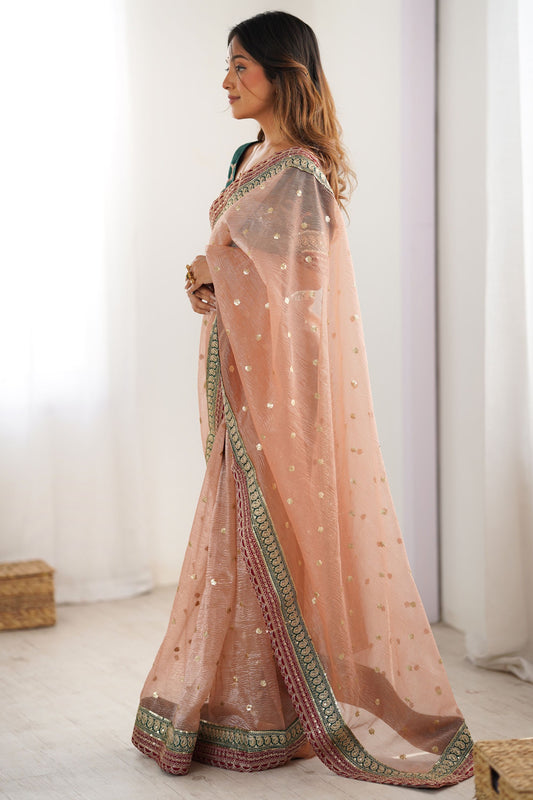 Peach Organza Saree Embroidered Border Sequin Work Party Wear