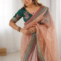 Peach Organza Saree Embroidered Border Sequin Work Party Wear