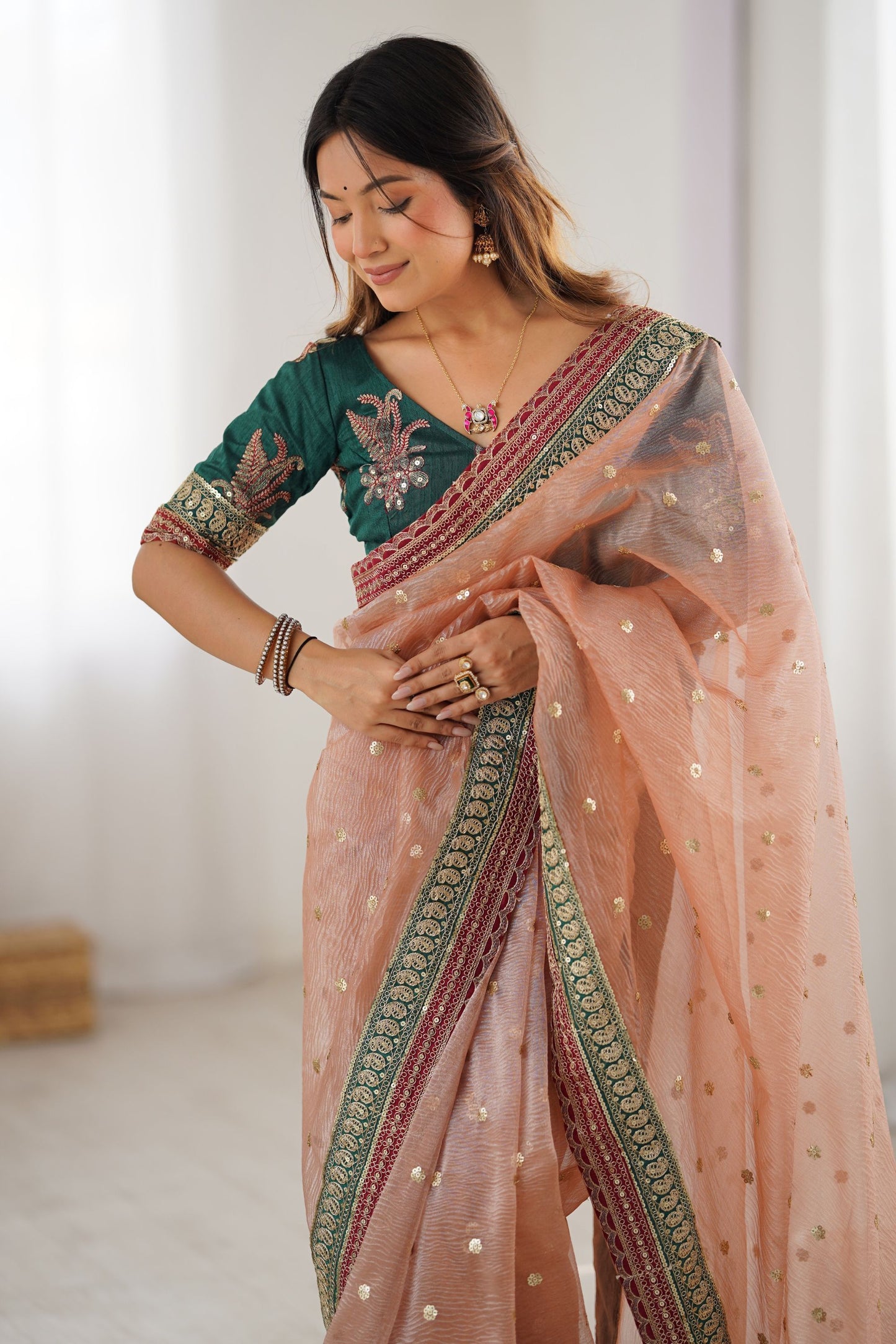 Peach Organza Saree Embroidered Border Sequin Work Party Wear