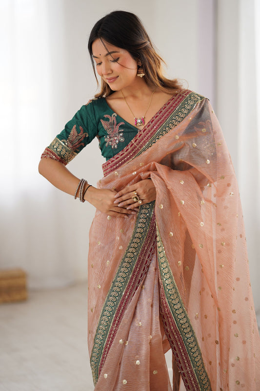 Peach Organza Saree Embroidered Border Sequin Work Party Wear