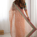 Peach Organza Saree Embroidered Border Sequin Work Party Wear