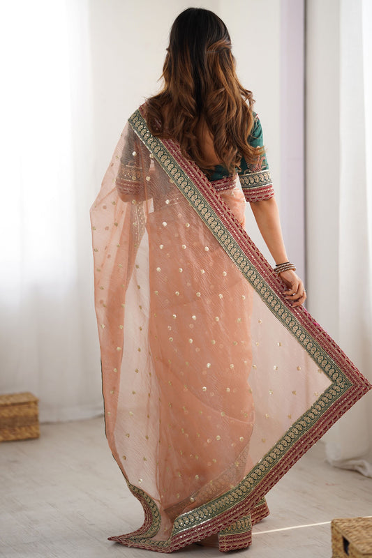 Peach Organza Saree Embroidered Border Sequin Work Party Wear