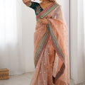 Peach Organza Saree Embroidered Border Sequin Work Party Wear