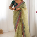 Pista Green Organza Saree Gold Butti Embroidered Border Party Wear
