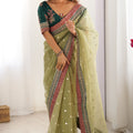 Pista Green Organza Saree Gold Butti Embroidered Border Party Wear
