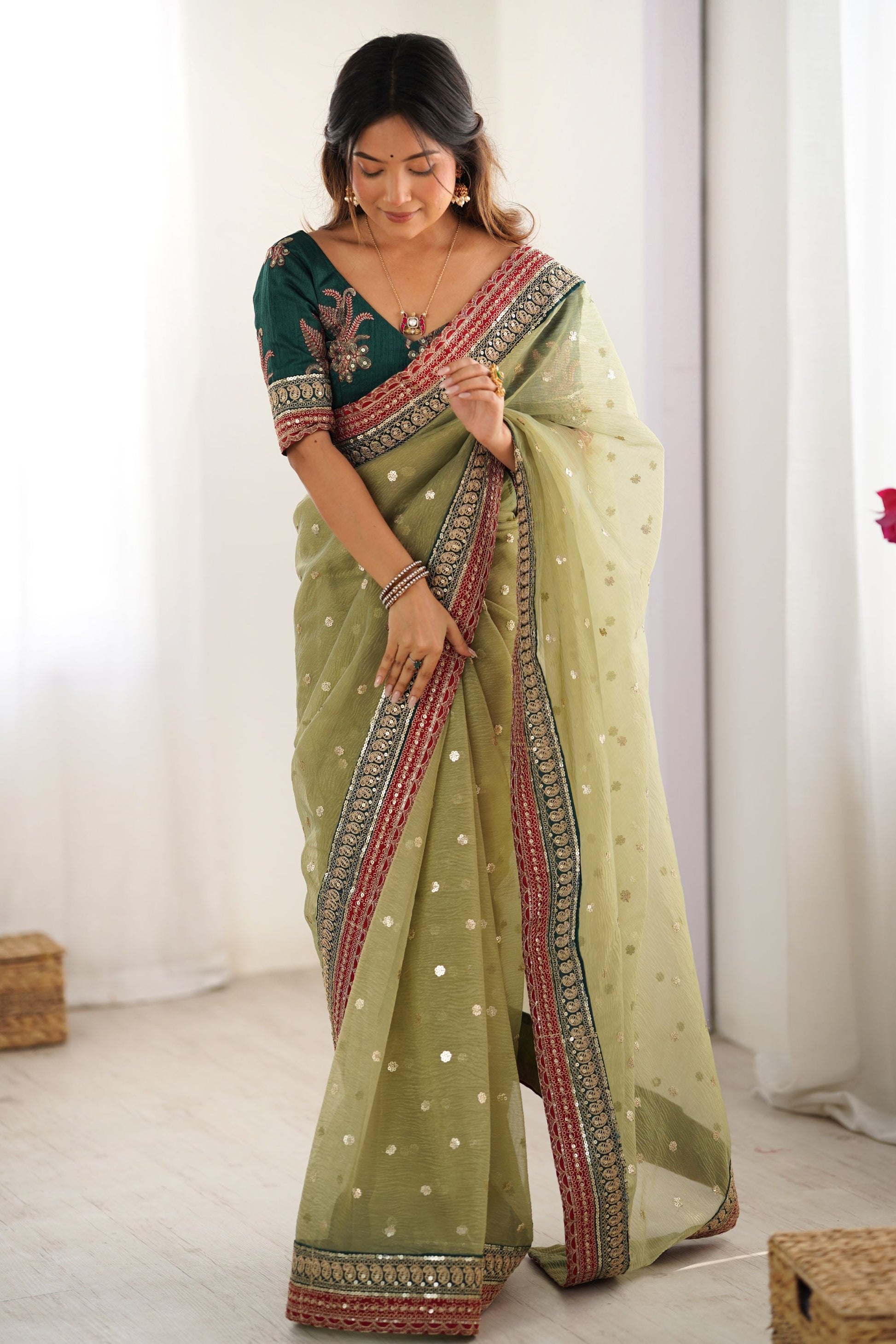 Pista Green Organza Saree Gold Butti Embroidered Border Party Wear