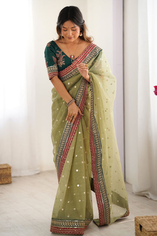 Pista Green Organza Saree Gold Butti Embroidered Border Party Wear