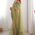 Pista Green Organza Saree Gold Butti Embroidered Border Party Wear
