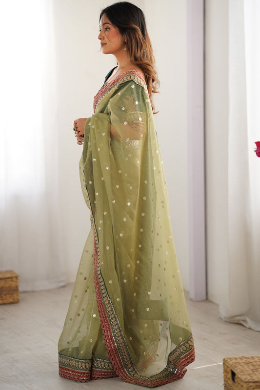Pista Green Organza Saree Gold Butti Embroidered Border Party Wear