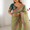 Pista Green Organza Saree Gold Butti Embroidered Border Party Wear