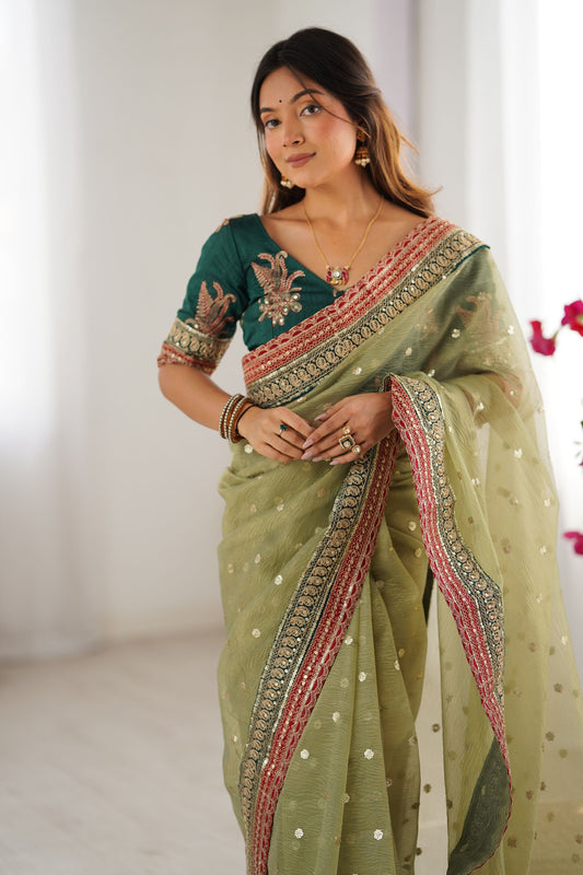 Pista Green Organza Saree Gold Butti Embroidered Border Party Wear
