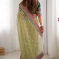 Pista Green Organza Saree Gold Butti Embroidered Border Party Wear
