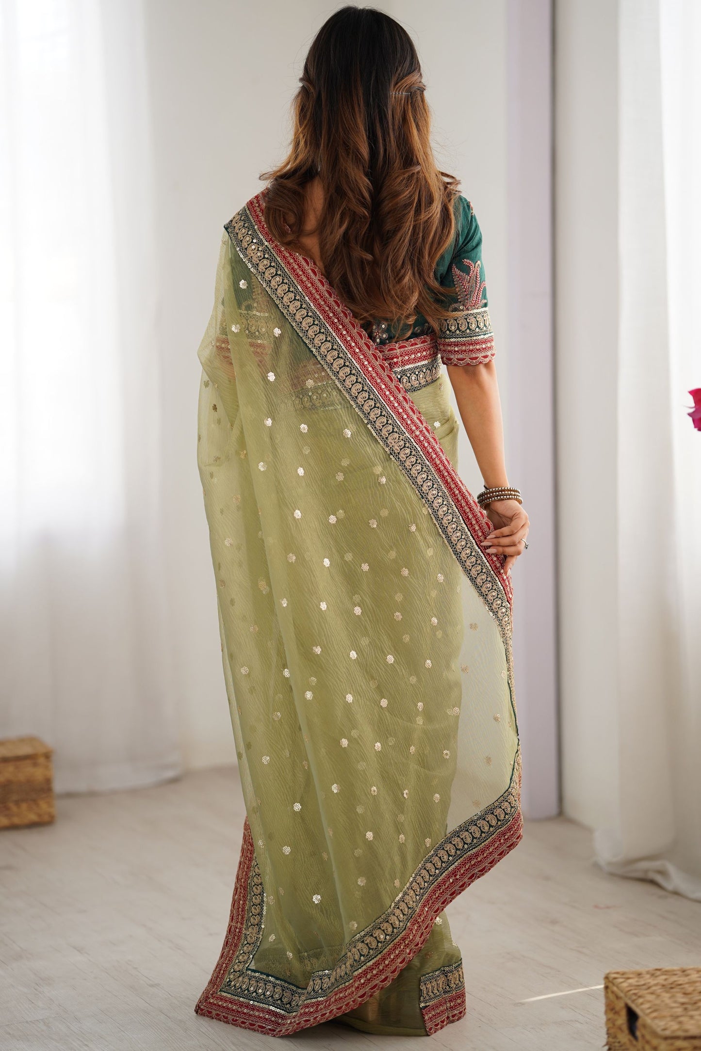 Pista Green Organza Saree Gold Butti Embroidered Border Party Wear