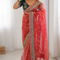 Red Organza Saree Gold Butti Designer Embroidered Border Contrast Blouse