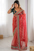 Red Organza Saree Gold Butti Designer Embroidered Border Contrast Blouse