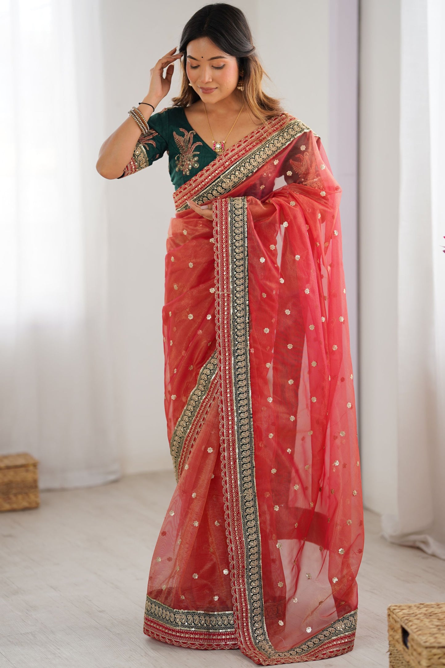 Red Organza Saree Gold Butti Designer Embroidered Border Contrast Blouse