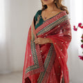 Red Organza Saree Gold Butti Designer Embroidered Border Contrast Blouse