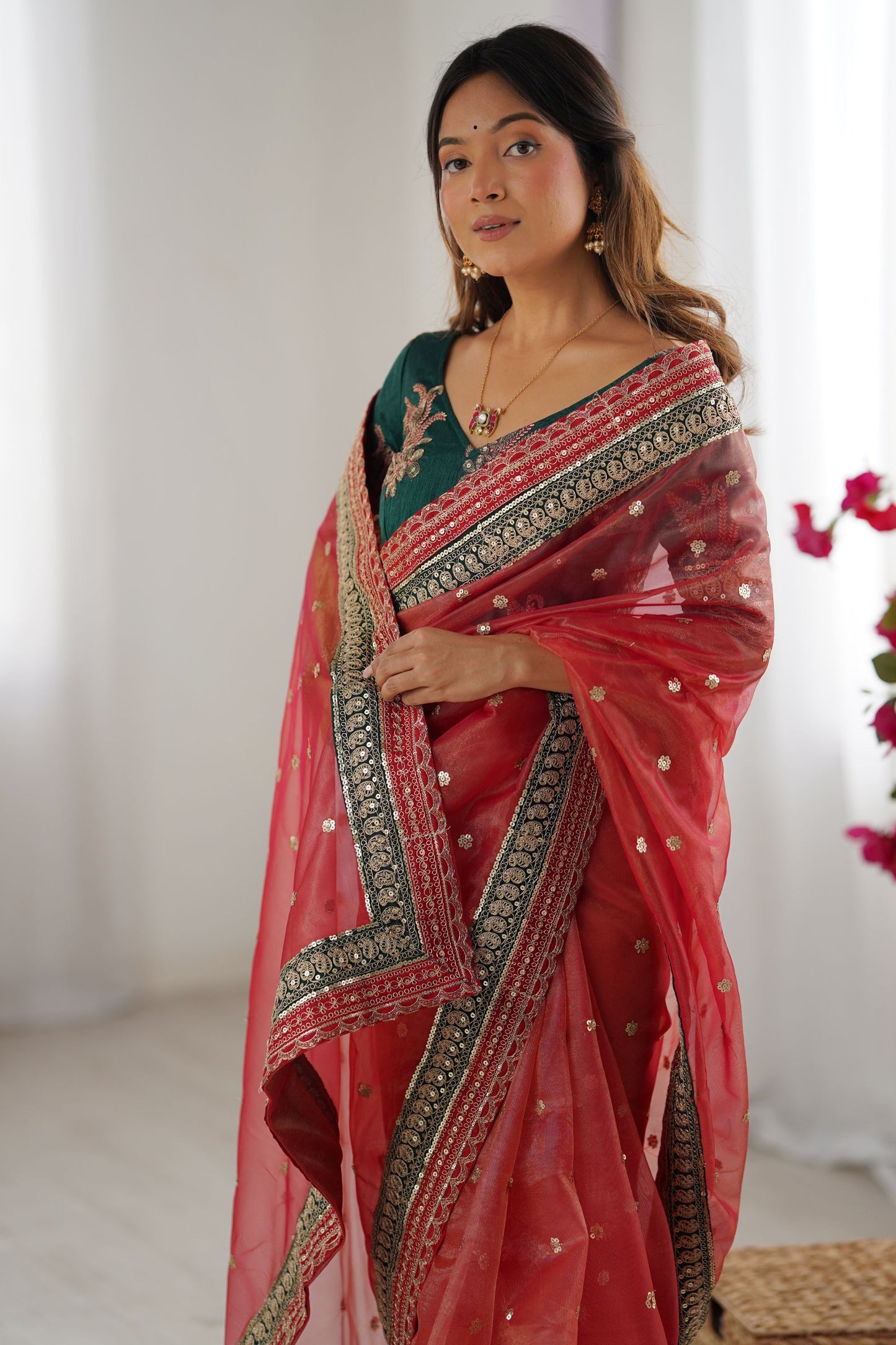 Red Organza Saree Gold Butti Designer Embroidered Border Contrast Blouse