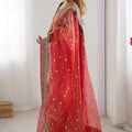 Red Organza Saree Gold Butti Designer Embroidered Border Contrast Blouse