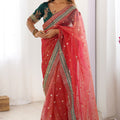 Red Organza Saree Gold Butti Designer Embroidered Border Contrast Blouse