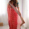Red Organza Saree Gold Butti Designer Embroidered Border Contrast Blouse