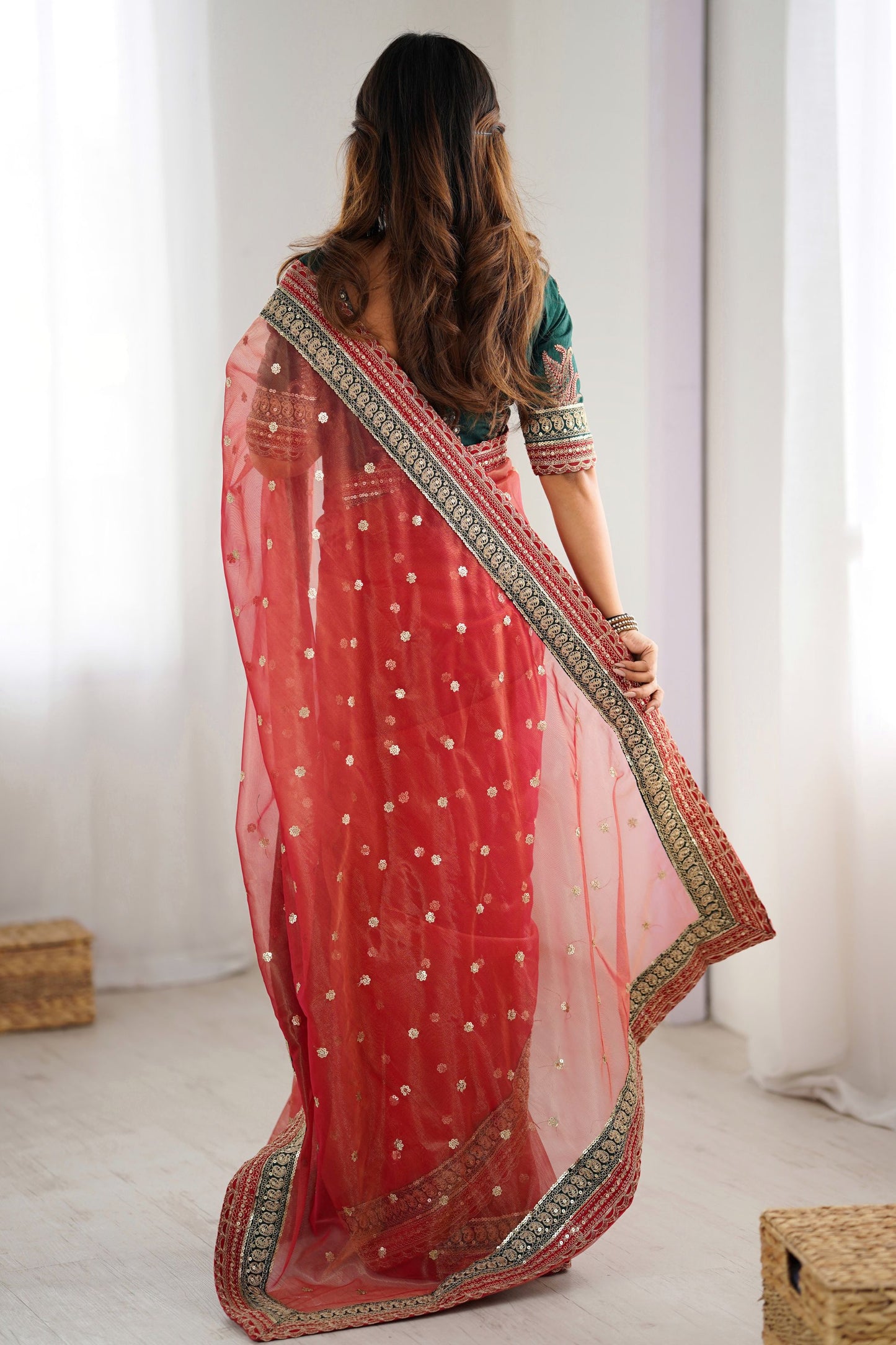 Red Organza Saree Gold Butti Designer Embroidered Border Contrast Blouse