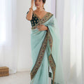 Sea Green Chiffon Saree Heavy Embroidered Border Dark Green Blouse