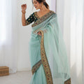 Sea Green Chiffon Saree Heavy Embroidered Border Dark Green Blouse