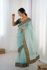 Sea Green Chiffon Saree Heavy Embroidered Border Dark Green Blouse