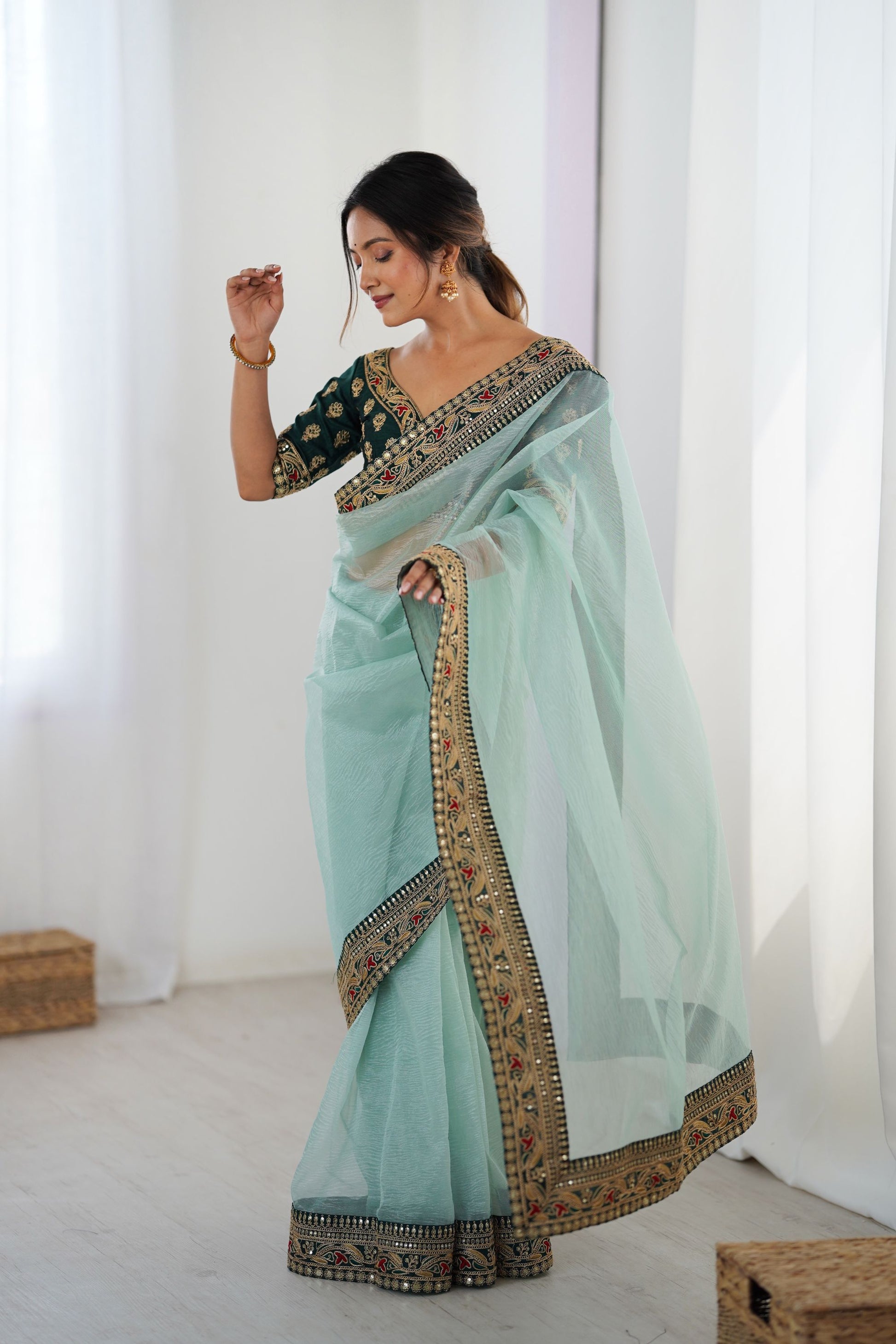 Sea Green Chiffon Saree Heavy Embroidered Border Dark Green Blouse