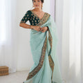 Sea Green Chiffon Saree Heavy Embroidered Border Dark Green Blouse