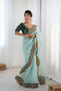 Sea Green Chiffon Saree Heavy Embroidered Border Dark Green Blouse