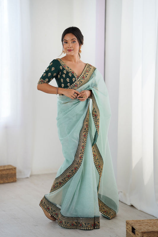 Sea Green Chiffon Saree Heavy Embroidered Border Dark Green Blouse