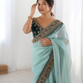 Sea Green Chiffon Saree Heavy Embroidered Border Dark Green Blouse