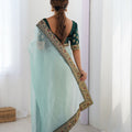 Sea Green Chiffon Saree Heavy Embroidered Border Dark Green Blouse