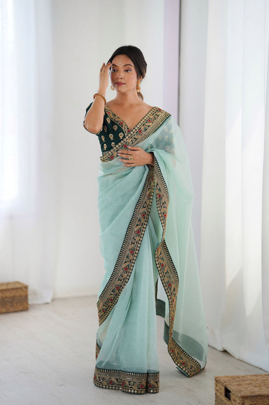 Sea Green Chiffon Saree Heavy Embroidered Border Dark Green Blouse