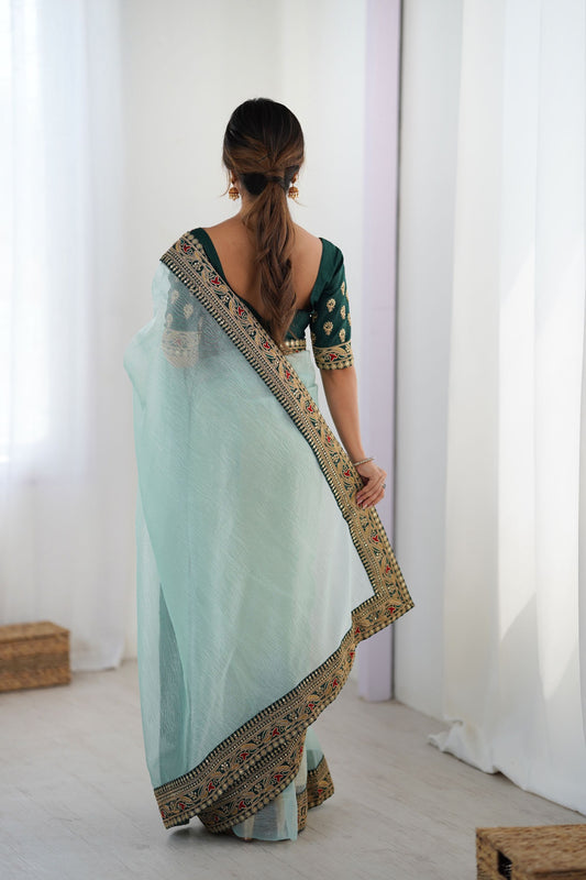 Sea Green Chiffon Saree Heavy Embroidered Border Dark Green Blouse