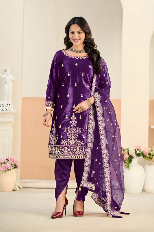 Superb Purple Embroidered Velvet Salwar Suit with Dupatta for Festive Wear