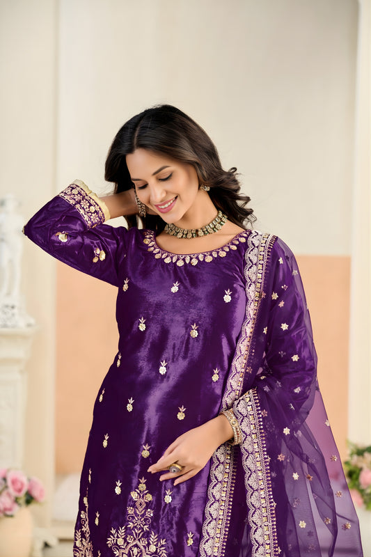 Superb Purple Embroidered Velvet Salwar Suit with Dupatta for Festive Wear