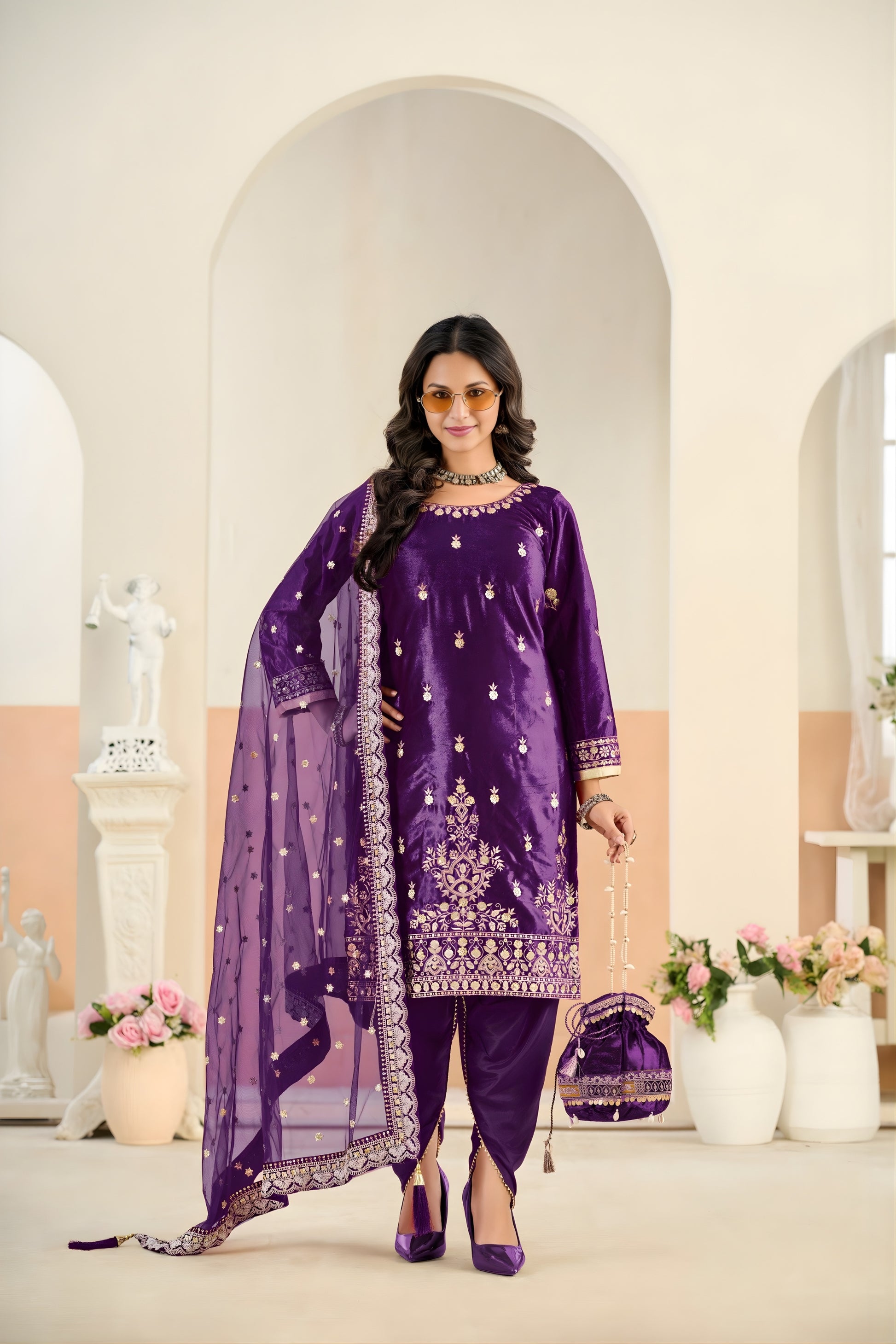 Superb Purple Embroidered Velvet Salwar Suit with Dupatta for Festive Wear