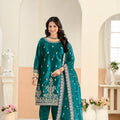 Stylish Rama Green Embroidered Velvet Salwar Suit with Dupatta for Festive Wear
