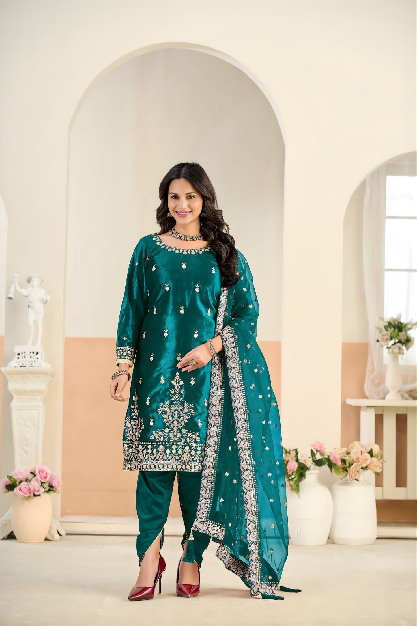 Stylish Rama Green Embroidered Velvet Salwar Suit with Dupatta for Festive Wear