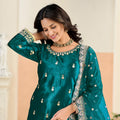 Stylish Rama Green Embroidered Velvet Salwar Suit with Dupatta for Festive Wear