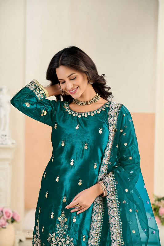 Stylish Rama Green Embroidered Velvet Salwar Suit with Dupatta for Festive Wear