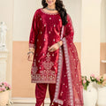 Trendy Red Embroidered Velvet Salwar Suit with Dupatta for Festive Wear