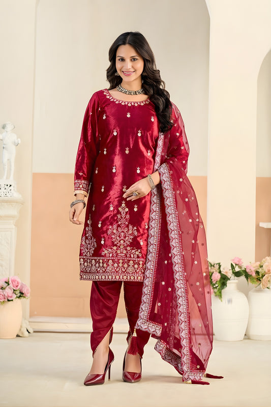 Trendy Red Embroidered Velvet Salwar Suit with Dupatta for Festive Wear