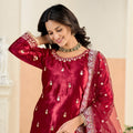 Trendy Red Embroidered Velvet Salwar Suit with Dupatta for Festive Wear