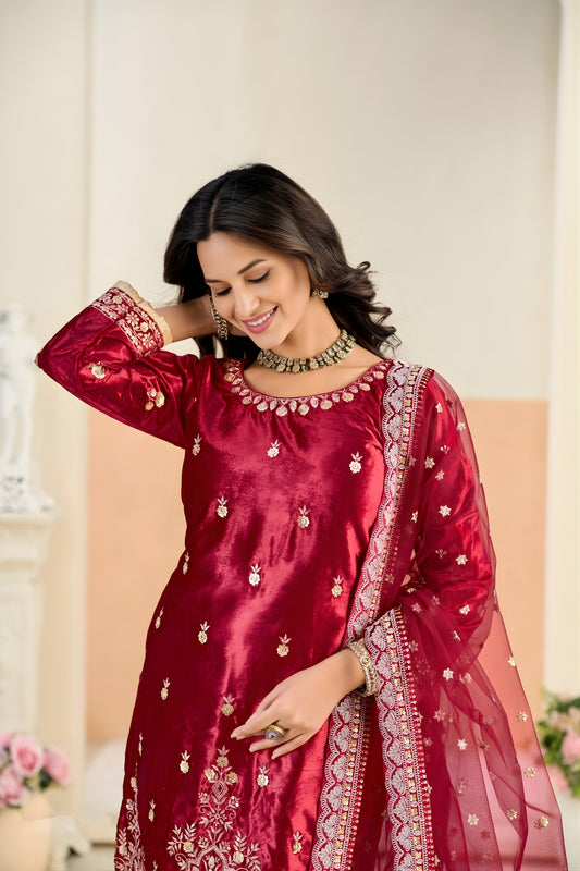 Trendy Red Embroidered Velvet Salwar Suit with Dupatta for Festive Wear